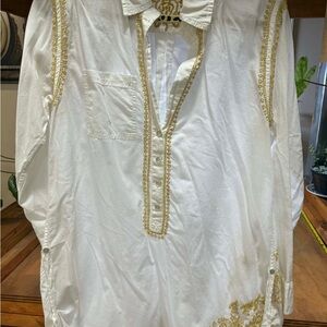 Subtle Luxury White Shirt with Gold Trim Embroidery